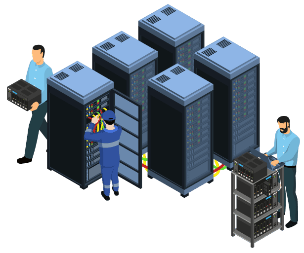 Grahic of Thailand dedicated servers for hosting in Asia. Three techs working.