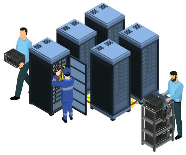 Grahic of Thailand dedicated servers for hosting in Asia. Three techs working.