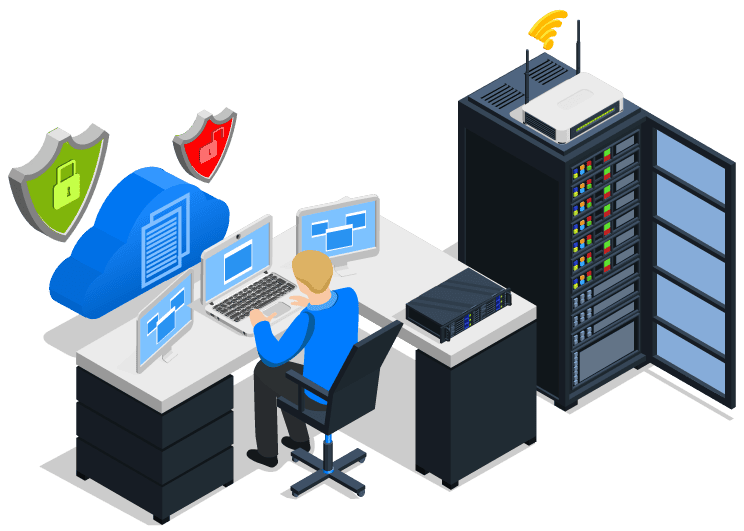 VPS hosting Asia - a man at computer connected securely to servers