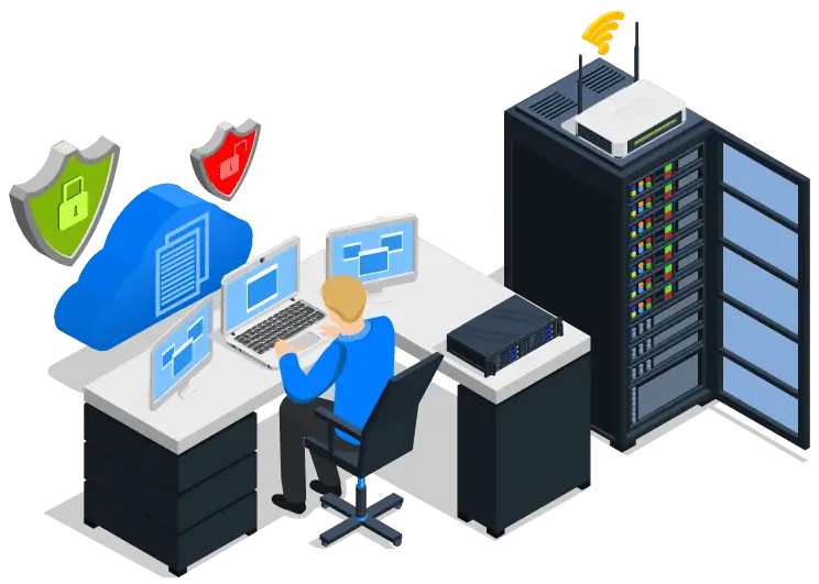 VPS hosting Asia - a man at computer connected securely to servers