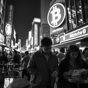 Picture representing crypto vps hosting, showing Bitcoin symbol above a busy street