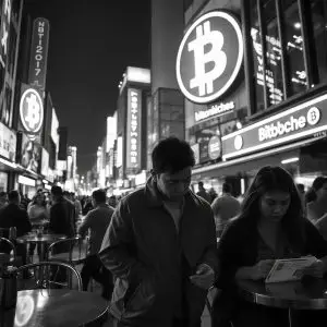 Picture representing crypto vps hosting, showing Bitcoin symbol above a busy street
