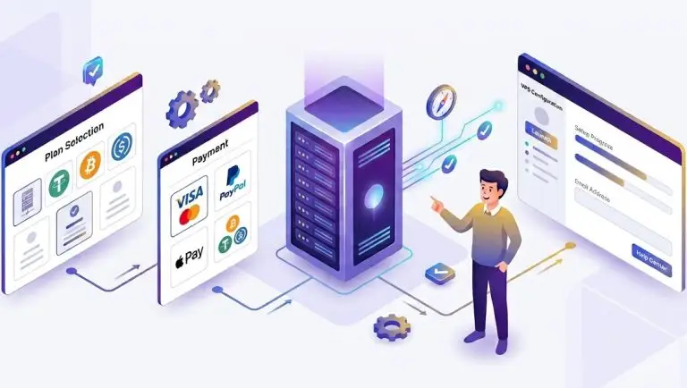 Crypto VPS image of server rack with payments by USDC, USDT, BTC, Cards, PayPal, Apples Pay and more.