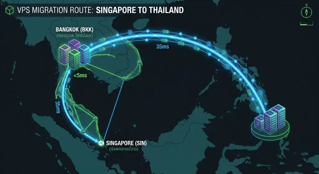 Infographic on migrating to Bangkok for lower latency, PDPA compliance, and AEC market optimization