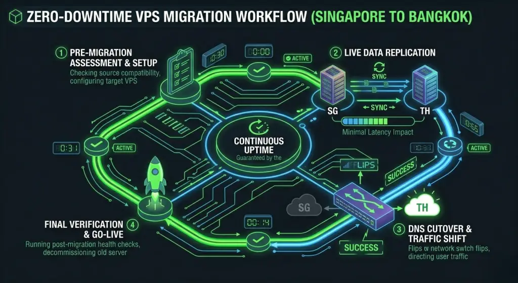 Seamless server migration workflow from Singapore to Bangkok with DNS, replication, rsync, and cutover