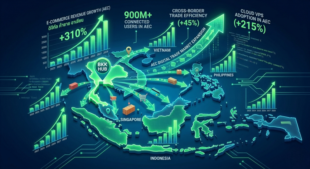 AEC e-commerce VPS traffic and revenue growth map showing data flows from Thailand to neighboring CLMV markets.