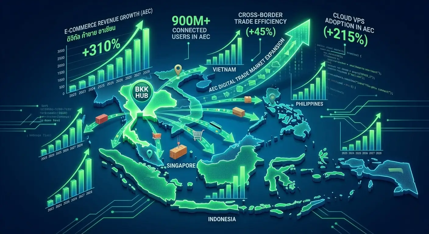 AEC e-commerce VPS traffic and revenue growth map showing data flows from Thailand to neighboring CLMV markets.