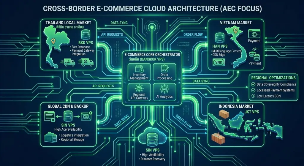 Cross-border AEC e-commerce VPS architecture featuring Thailand's local market, global CDN backup, core orchestrator, and API order flows.