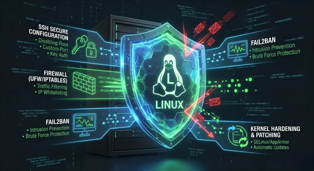 Secure Your Linux Server and hardening shield featuring SSH keys, firewall, Fail2ban, kernel security, and spam protection over a Linux server rack.