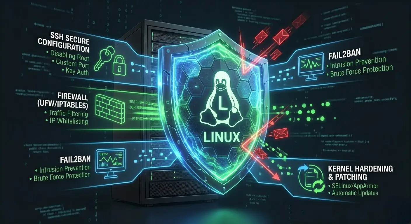 Secure Your Linux Server and hardening shield featuring SSH keys, firewall, Fail2ban, kernel security, and spam protection over a Linux server rack.